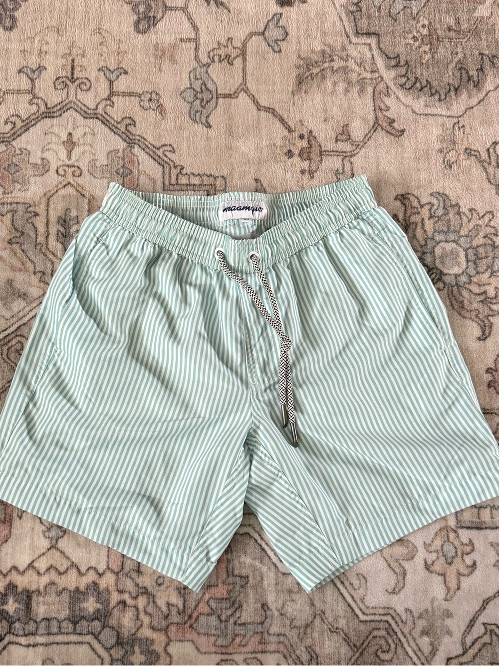 Amazon Kids Mint Green & White Striped Swim Trunks